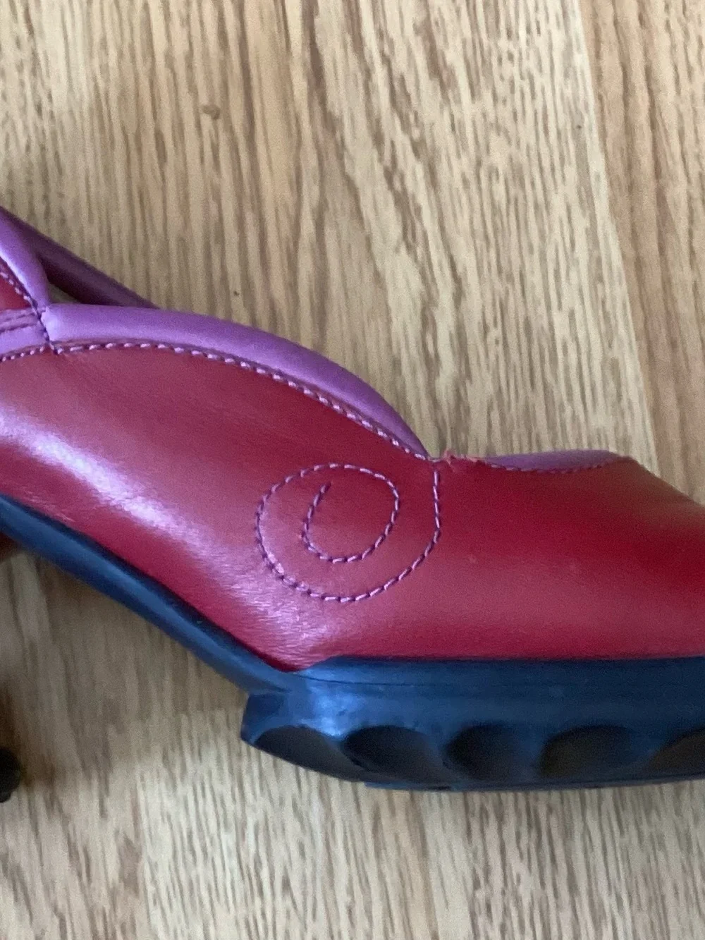 John Fluevog Red Leather Pumps With Purple Trim, Size 12, Spool Heel